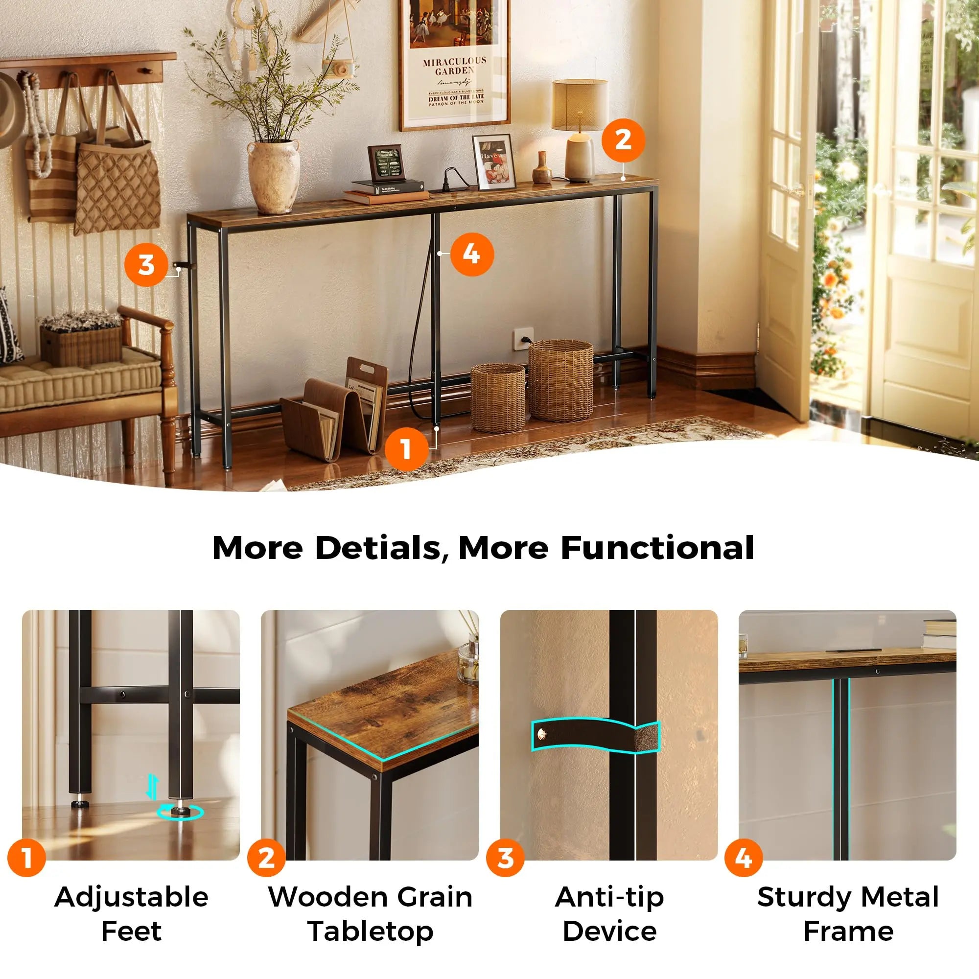 Console Table with Outlet, 63 Inch Sofa Table with Charging Station