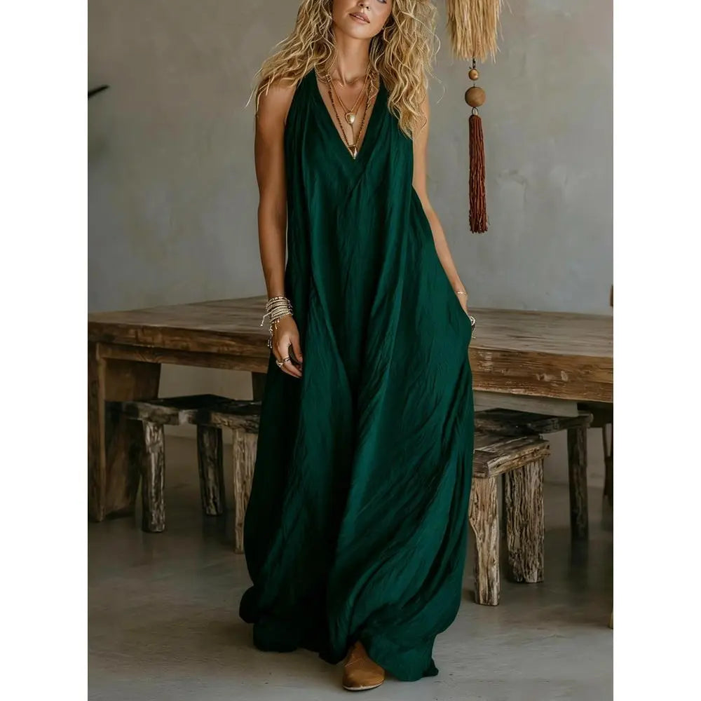 Casual Sleeveless Hollow Holiday Jumpsuit 2026 Fashion High Street Wide Leg Playsuits Simple Solid Color V-Neck Summer Rompers