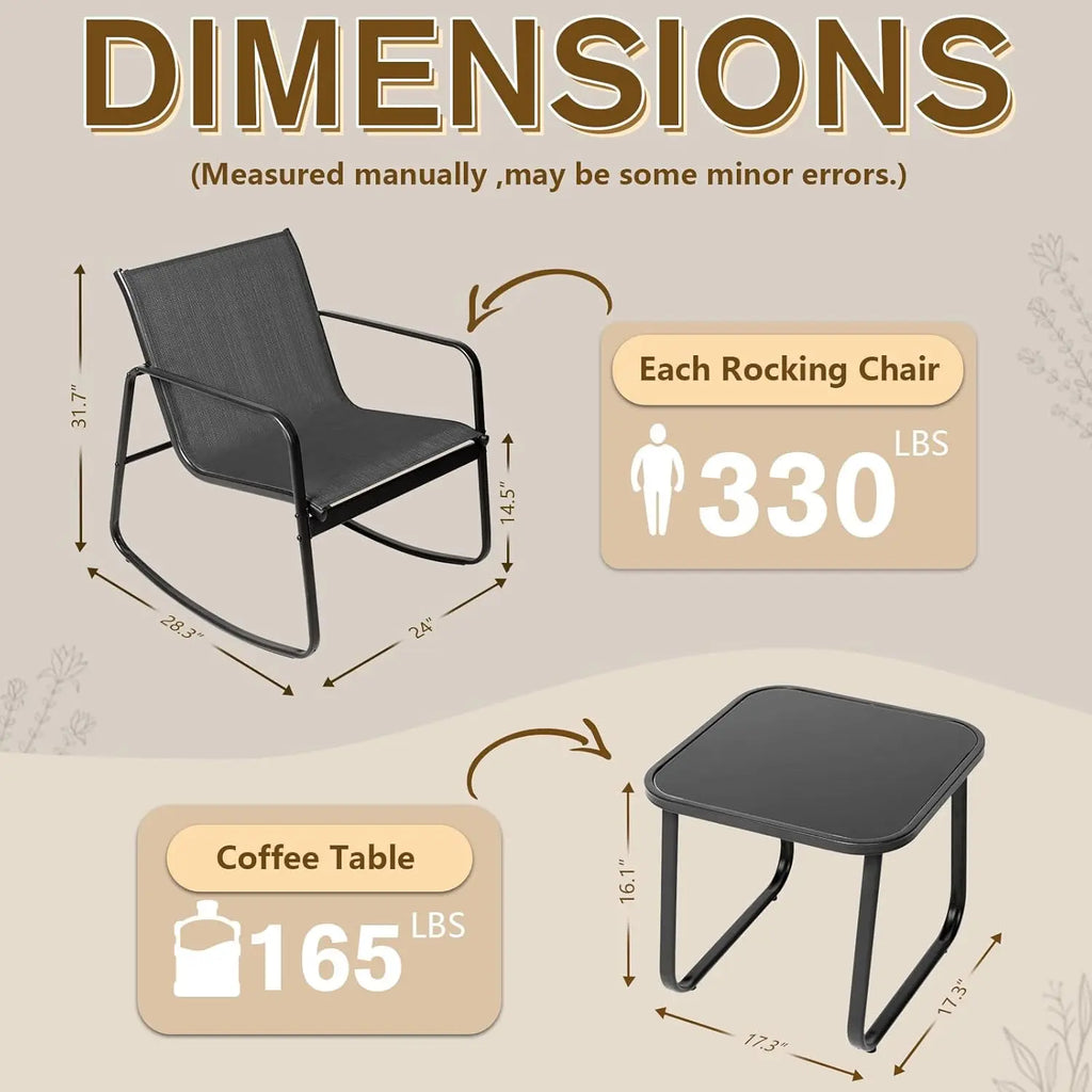 INTERGREAT 3-Piece Outdoor Rocking Bistro Set, Outdoor Furniture Set with Patio Rocking Chairs, and Glass-Top Table, Small Conversation Set of 3 for Porch, Lawn, Garden, Yard, Balcony, Poolside