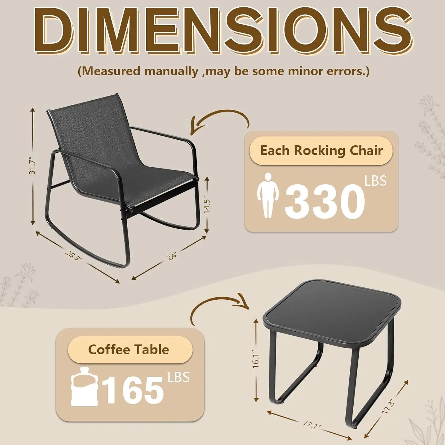 INTERGREAT 3-Piece Outdoor Rocking Bistro Set, Outdoor Furniture Set with Patio Rocking Chairs, and Glass-Top Table, Small Conversation Set of 3 for Porch, Lawn, Garden, Yard, Balcony, Poolside