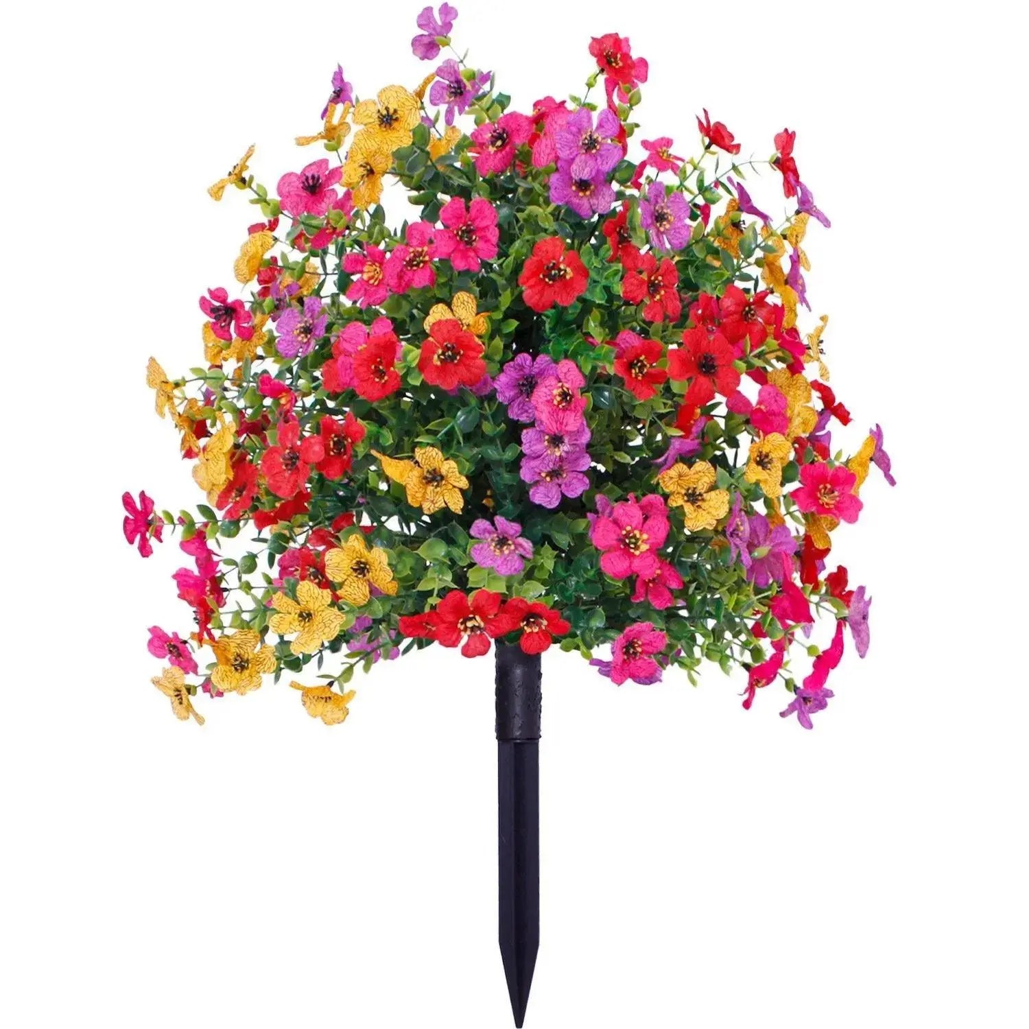 6-Color Artificial Flowers with Built-In Ground Stake, Plastic Faux Daisy Flowers with Eucalyptus Leaves for Outdoor Indoor Garden Home Decor, Fake Greenery Plants for Porch Patio