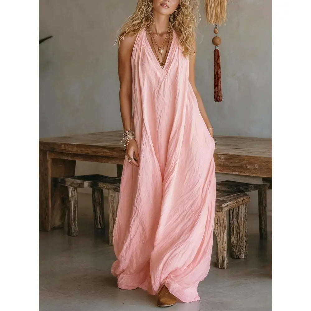 Casual Sleeveless Hollow Holiday Jumpsuit 2026 Fashion High Street Wide Leg Playsuits Simple Solid Color V-Neck Summer Rompers