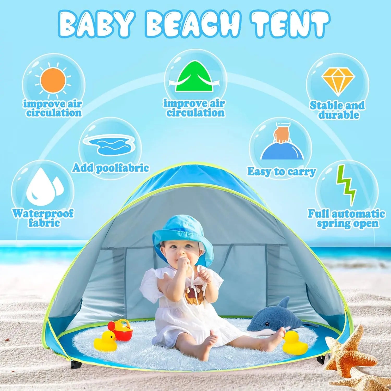 Pop up Baby Beach Tent & Pool Combo – Instant Setup Sun Shelter with UV Protection – Portable Shade Canopy with Carry Bag – for Beach, Camping, Travel & Backyard – Blue
