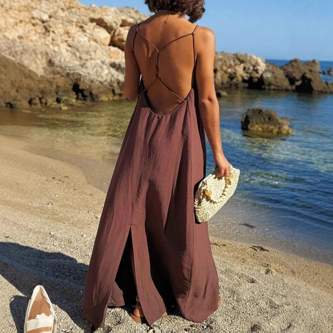 Sexy Crisscross Backless Beach Dress for Women, Long Flowy Summer Sundress, Tropical Holiday & Vacation Maxi Dress