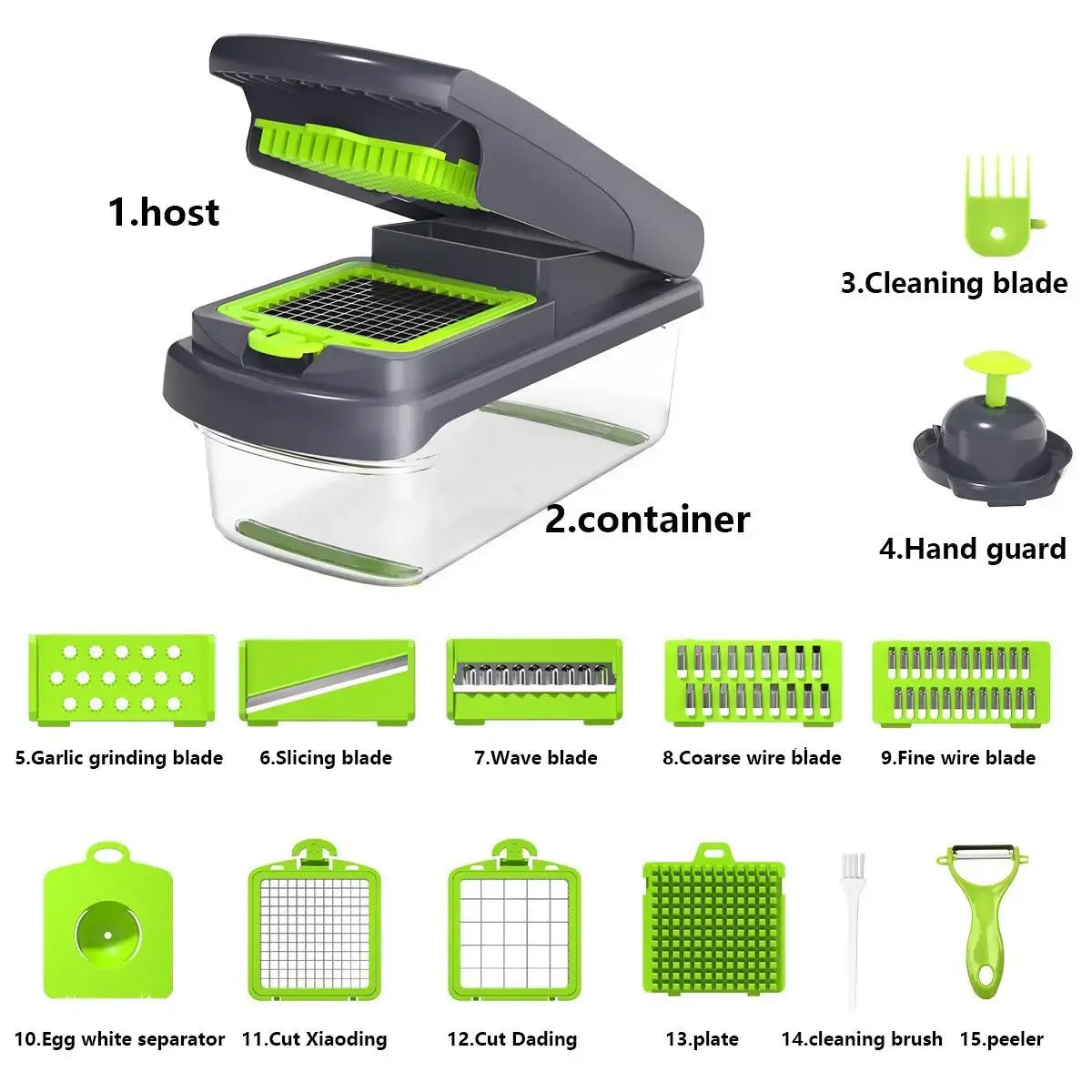 15-In-1 Multifunctional Vegetable Chopper with 8 Blades Portable Stainless Steel Cutter for Salad Garlic & More Kitchen Gadgets Cooking Kitchenware Cutting Green Utensils Watermelon Cutting Tool Chicken Shredder Slicer Kitchen Accessories