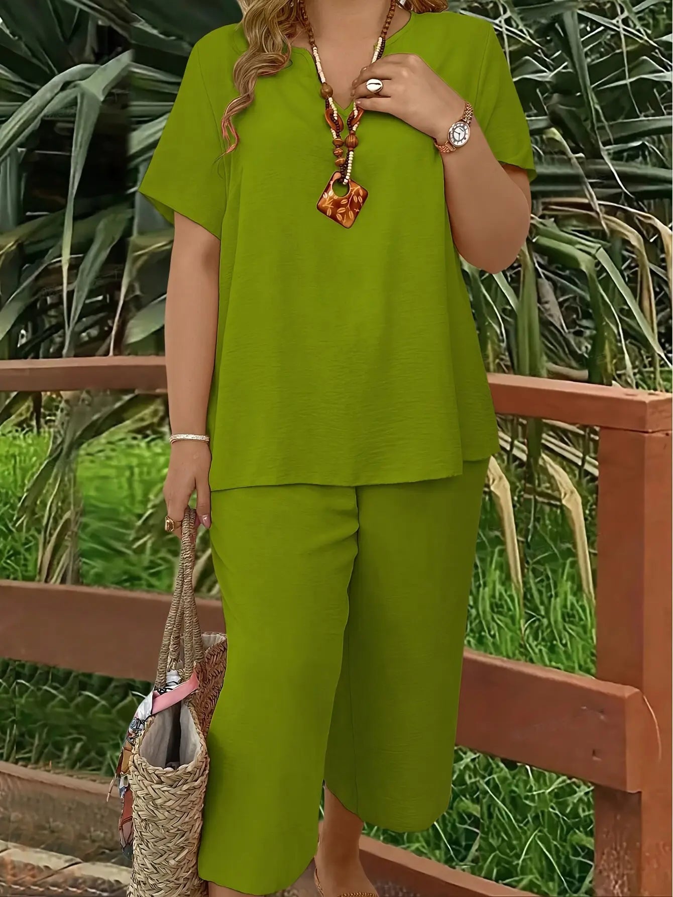 Women'S plus Size Elegant Wide Leg Pants Set - Solid Short Sleeve Casual Outfit - Mother'S Day Gift
