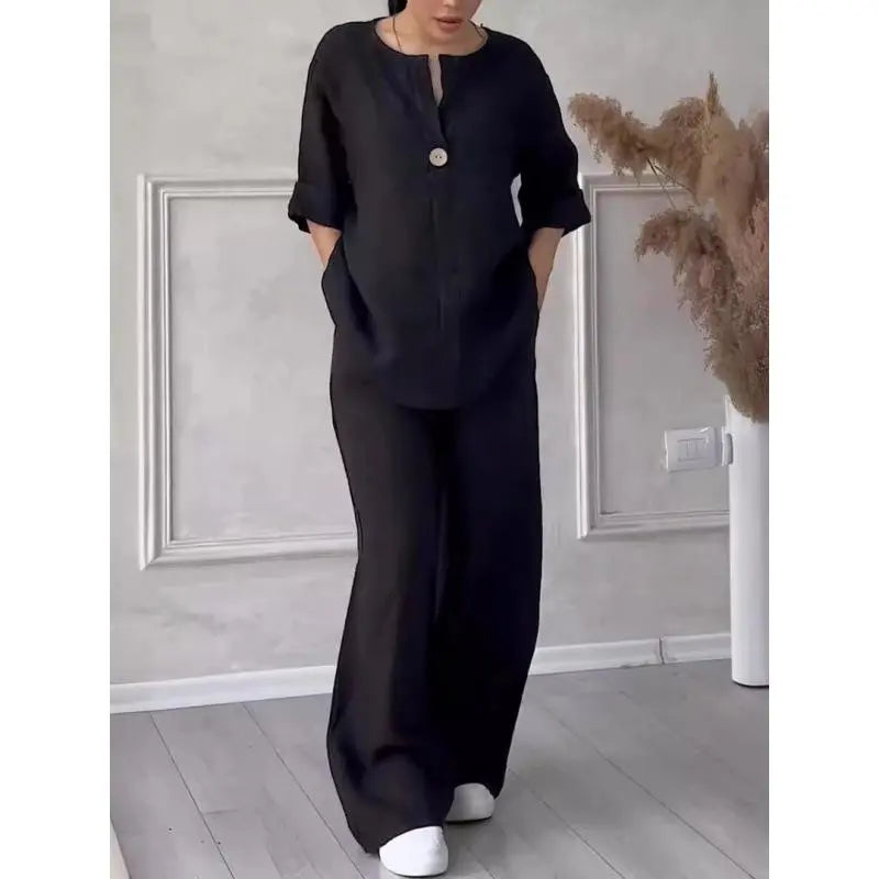 VVZ 2026 Spring/Summer New Arrival Women'S Casual Commuter Set Featuring a Breathable Long-Sleeve Shirt and Loose-Fit Pants—Comfortable and Stylish