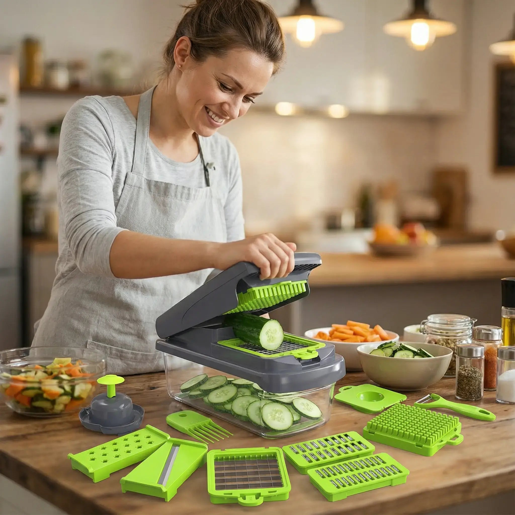 15-In-1 Multifunctional Vegetable Chopper with 8 Blades Portable Stainless Steel Cutter for Salad Garlic & More Kitchen Gadgets Cooking Kitchenware Cutting Green Utensils Watermelon Cutting Tool Chicken Shredder Slicer Kitchen Accessories