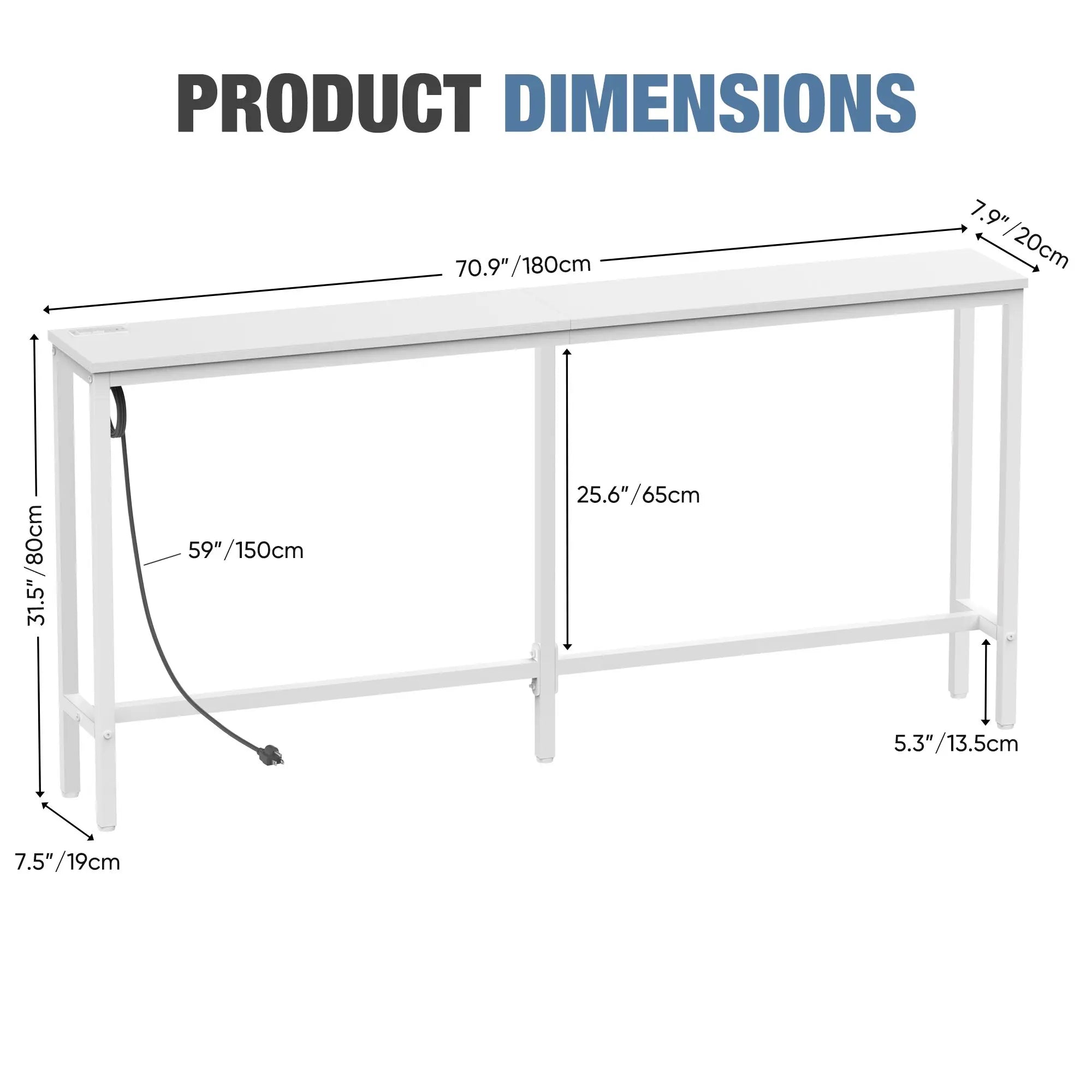 Console Table with Outlet, 63 Inch Sofa Table with Charging Station