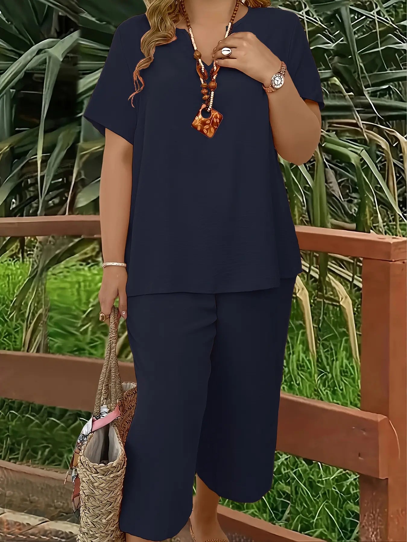 Women'S plus Size Elegant Wide Leg Pants Set - Solid Short Sleeve Casual Outfit - Mother'S Day Gift