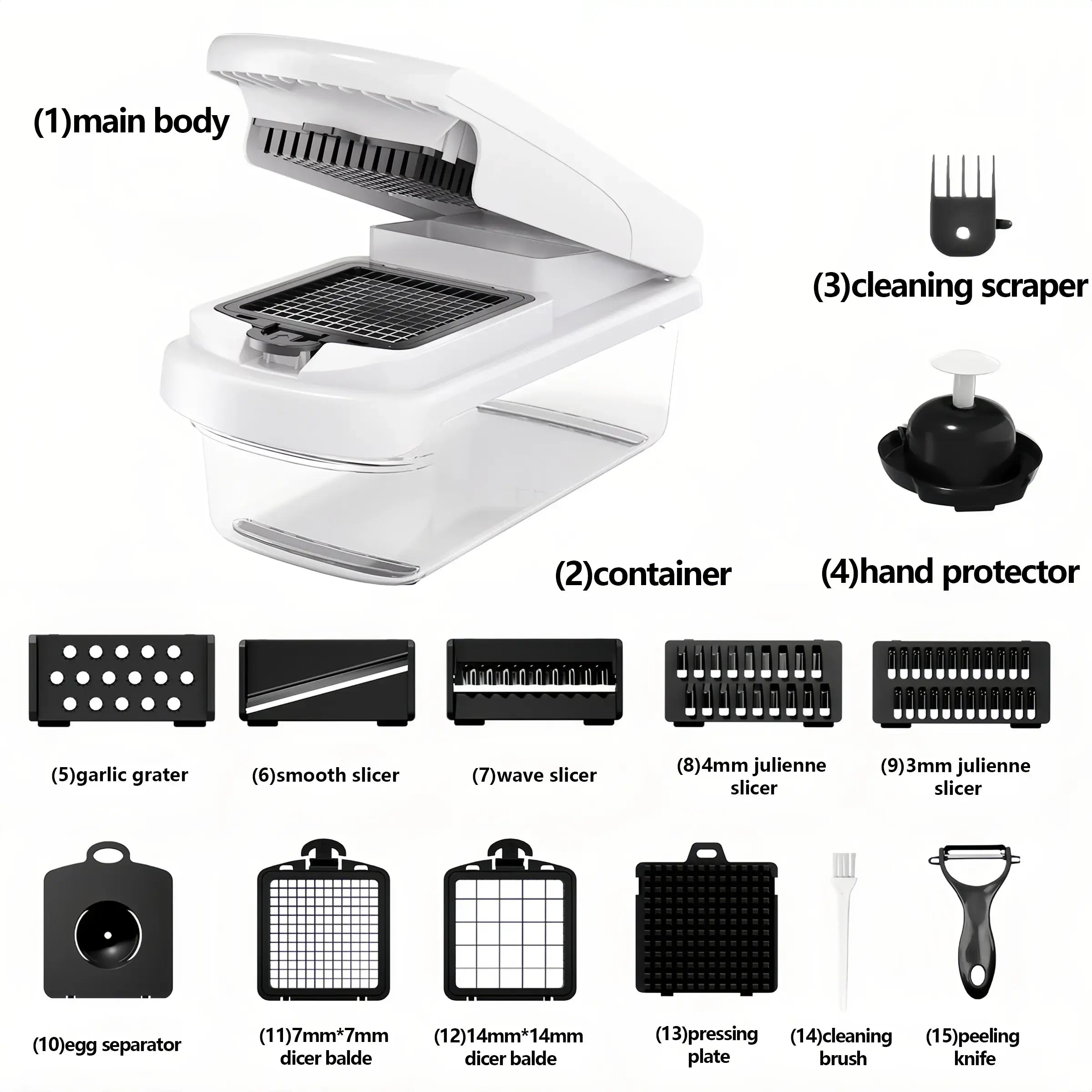 15-In-1 Multifunctional Vegetable Chopper with 8 Blades Portable Stainless Steel Cutter for Salad Garlic & More Kitchen Gadgets Cooking Kitchenware Cutting Green Utensils Watermelon Cutting Tool Chicken Shredder Slicer Kitchen Accessories