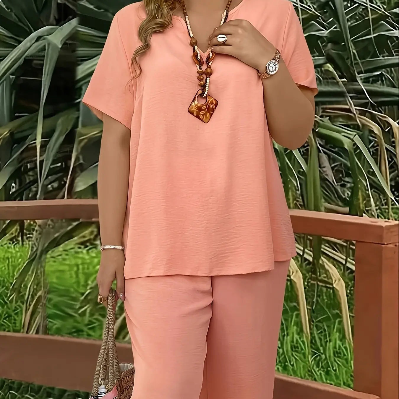 Women'S plus Size Elegant Wide Leg Pants Set - Solid Short Sleeve Casual Outfit - Mother'S Day Gift