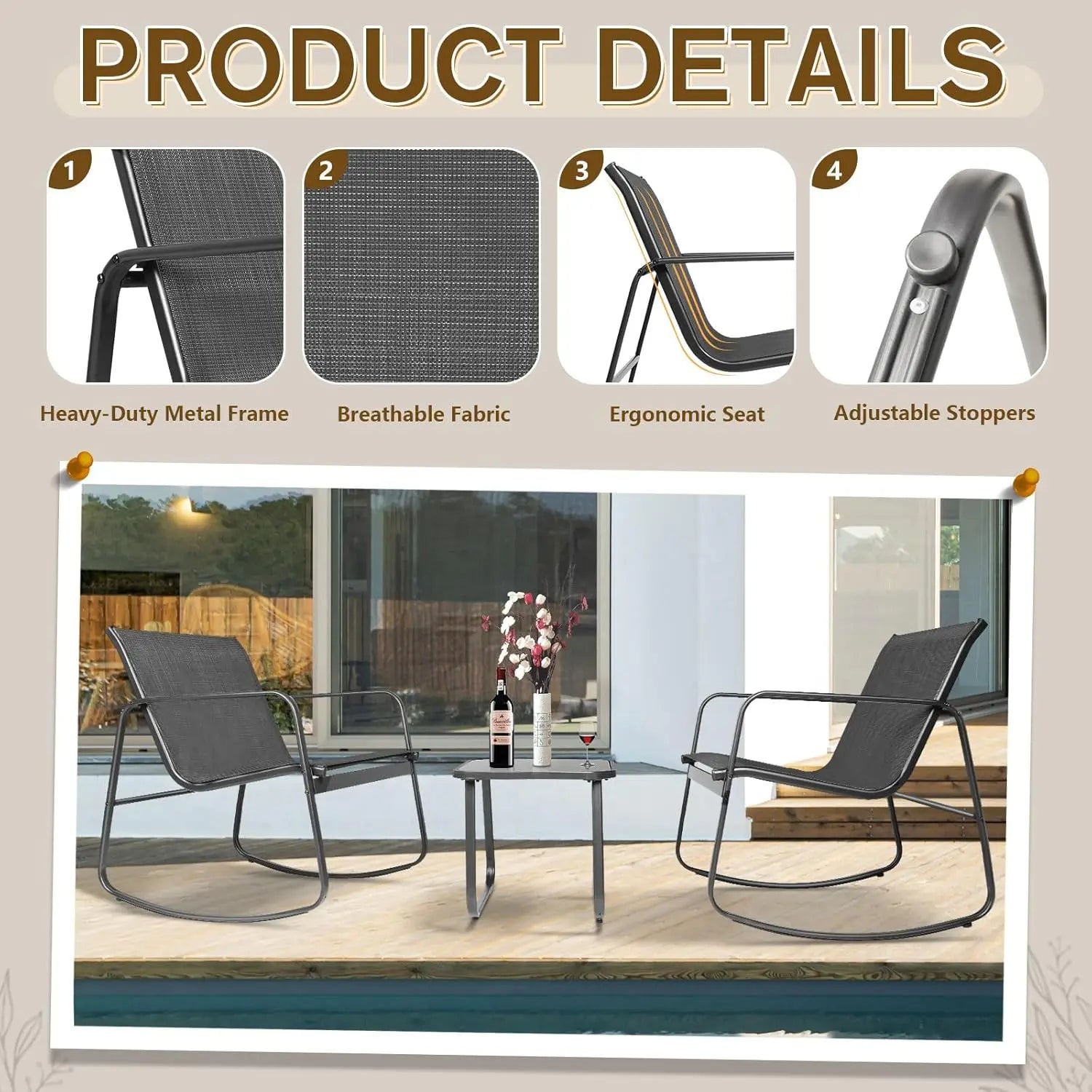 INTERGREAT 3-Piece Outdoor Rocking Bistro Set, Outdoor Furniture Set with Patio Rocking Chairs, and Glass-Top Table, Small Conversation Set of 3 for Porch, Lawn, Garden, Yard, Balcony, Poolside