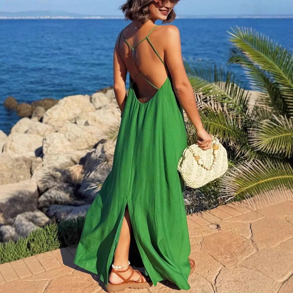 Sexy Crisscross Backless Beach Dress for Women, Long Flowy Summer Sundress, Tropical Holiday & Vacation Maxi Dress