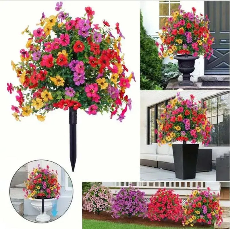 6-Color Artificial Flowers with Built-In Ground Stake, Plastic Faux Daisy Flowers with Eucalyptus Leaves for Outdoor Indoor Garden Home Decor, Fake Greenery Plants for Porch Patio