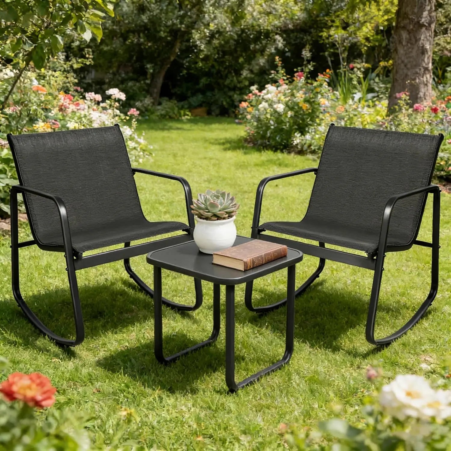 INTERGREAT 3-Piece Outdoor Rocking Bistro Set, Outdoor Furniture Set with Patio Rocking Chairs, and Glass-Top Table, Small Conversation Set of 3 for Porch, Lawn, Garden, Yard, Balcony, Poolside