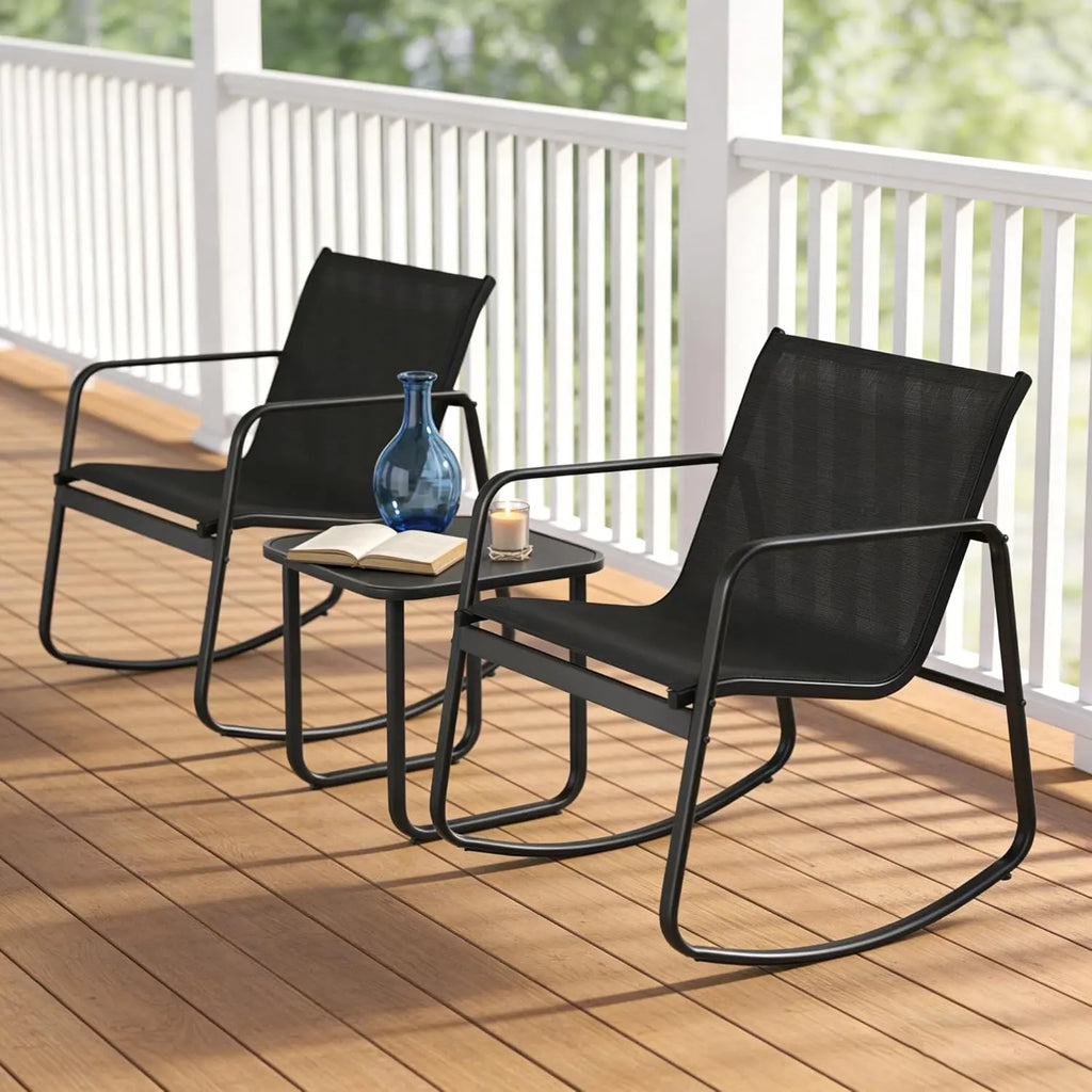 INTERGREAT 3-Piece Outdoor Rocking Bistro Set, Outdoor Furniture Set with Patio Rocking Chairs, and Glass-Top Table, Small Conversation Set of 3 for Porch, Lawn, Garden, Yard, Balcony, Poolside
