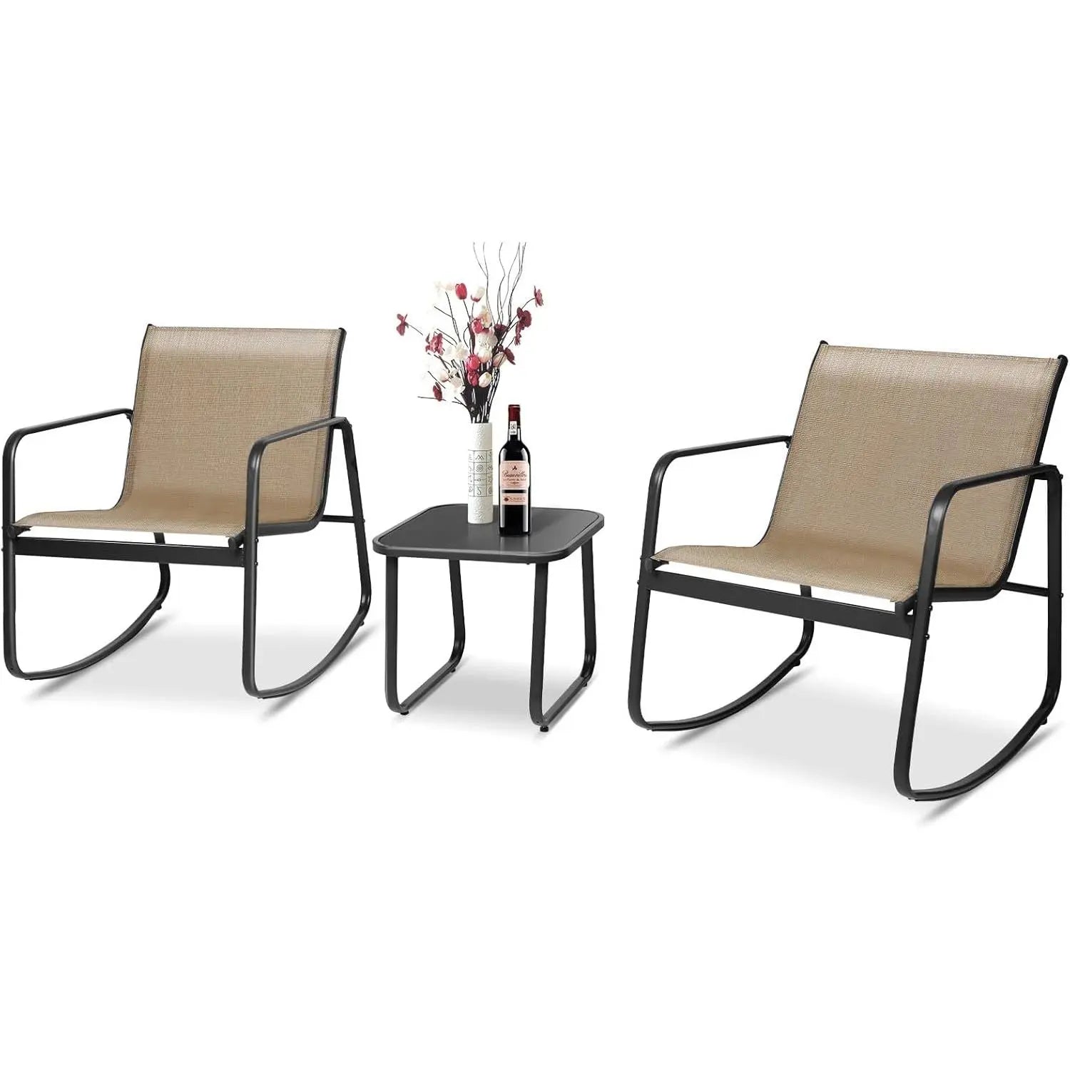 INTERGREAT 3-Piece Outdoor Rocking Bistro Set, Outdoor Furniture Set with Patio Rocking Chairs, and Glass-Top Table, Small Conversation Set of 3 for Porch, Lawn, Garden, Yard, Balcony, Poolside