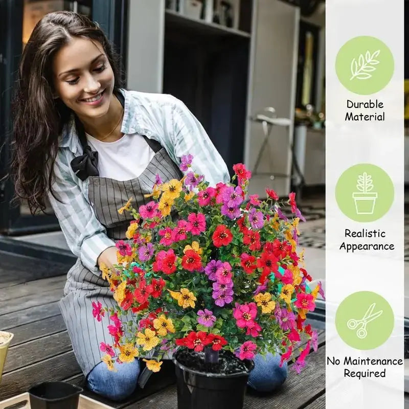 6-Color Artificial Flowers with Built-In Ground Stake, Plastic Faux Daisy Flowers with Eucalyptus Leaves for Outdoor Indoor Garden Home Decor, Fake Greenery Plants for Porch Patio