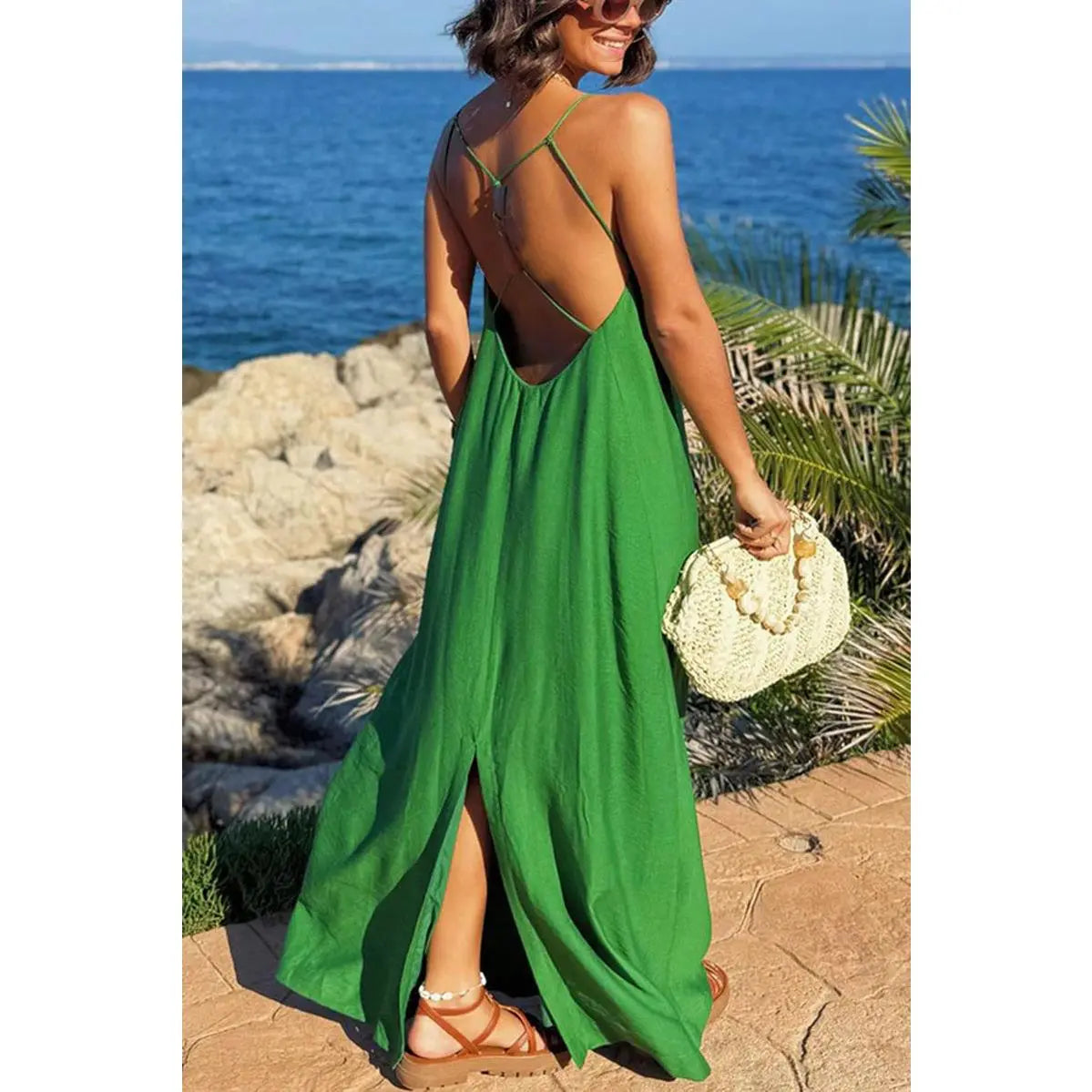 Sexy Crisscross Backless Beach Dress for Women, Long Flowy Summer Sundress, Tropical Holiday & Vacation Maxi Dress