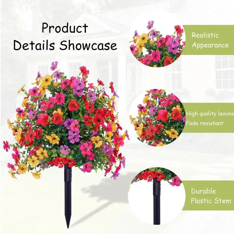 6-Color Artificial Flowers with Built-In Ground Stake, Plastic Faux Daisy Flowers with Eucalyptus Leaves for Outdoor Indoor Garden Home Decor, Fake Greenery Plants for Porch Patio