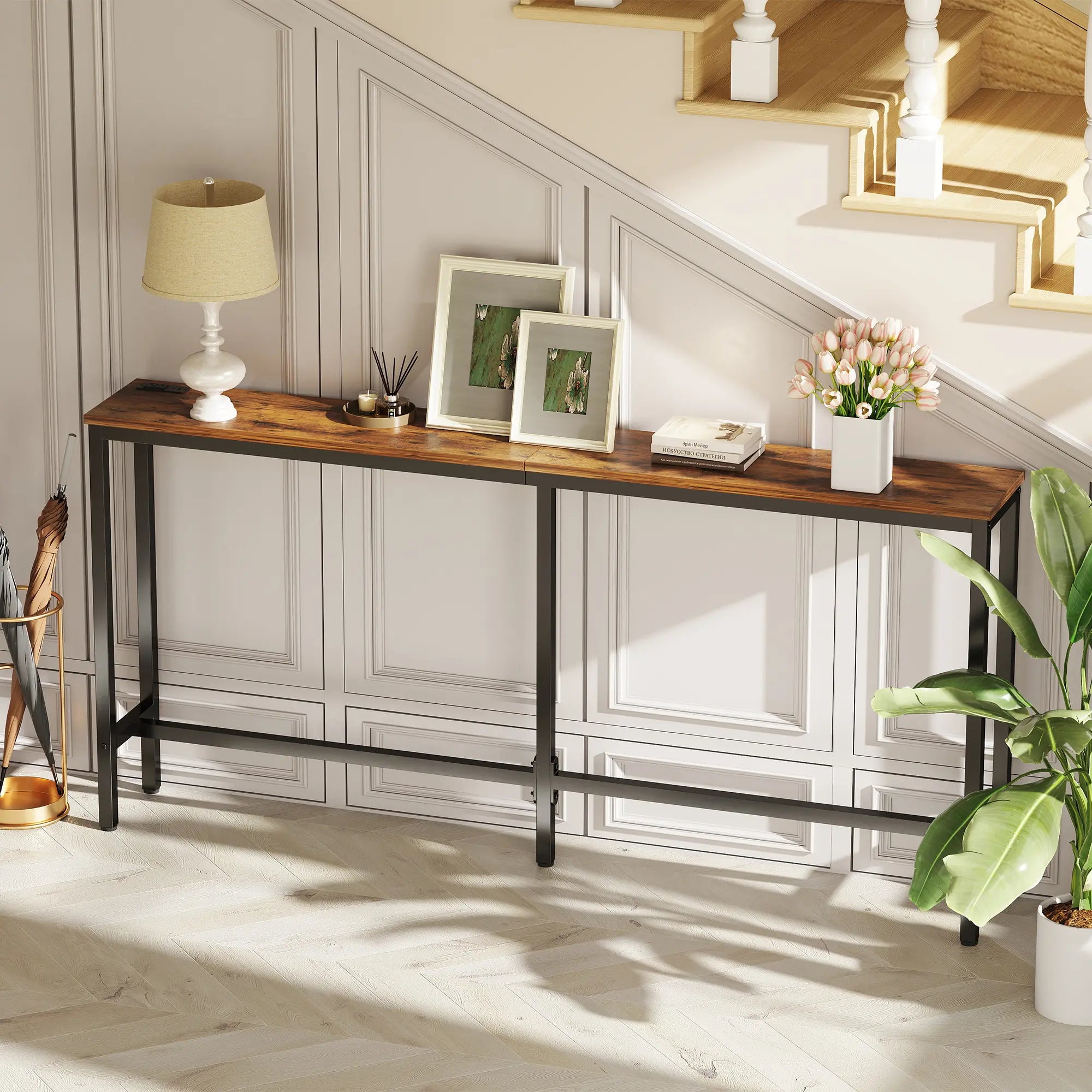 Console Table with Outlet, 63 Inch Sofa Table with Charging Station