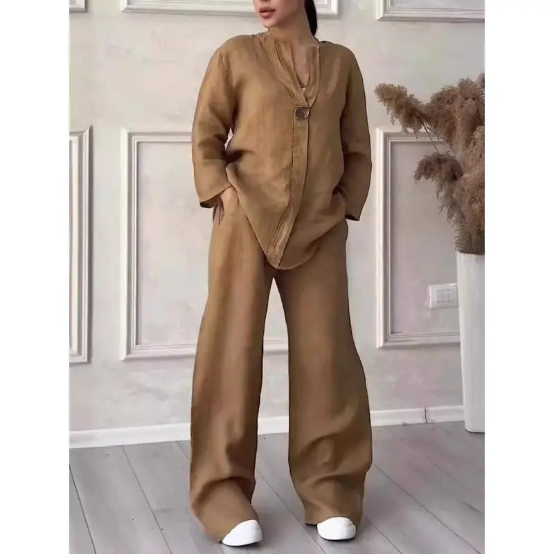 VVZ 2026 Spring/Summer New Arrival Women'S Casual Commuter Set Featuring a Breathable Long-Sleeve Shirt and Loose-Fit Pants—Comfortable and Stylish