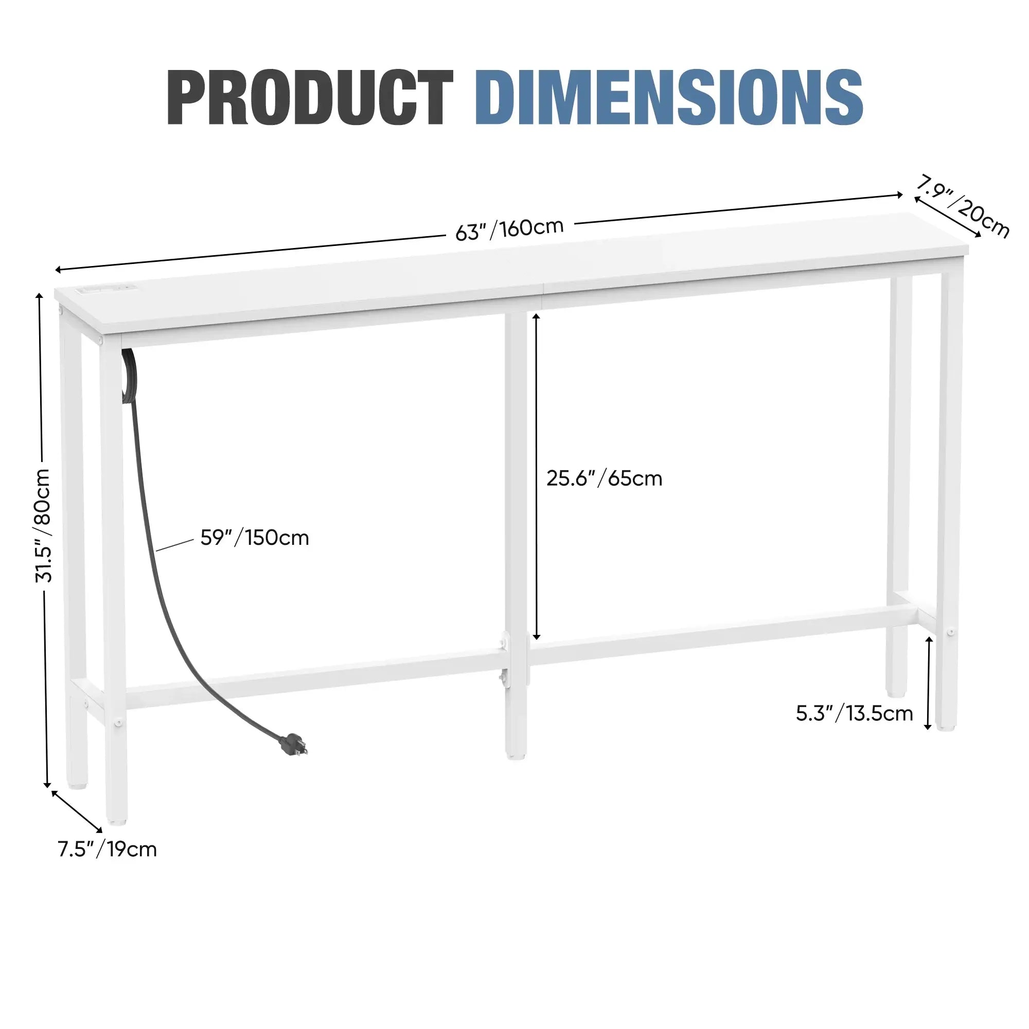 Console Table with Outlet, 63 Inch Sofa Table with Charging Station