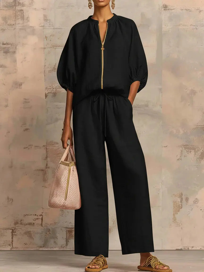 Women'S Matching Lounge Set Quarter Zip Pullover Top Loose Wide Leg Pants 2 Piece Sweatsuit Casual Outfit