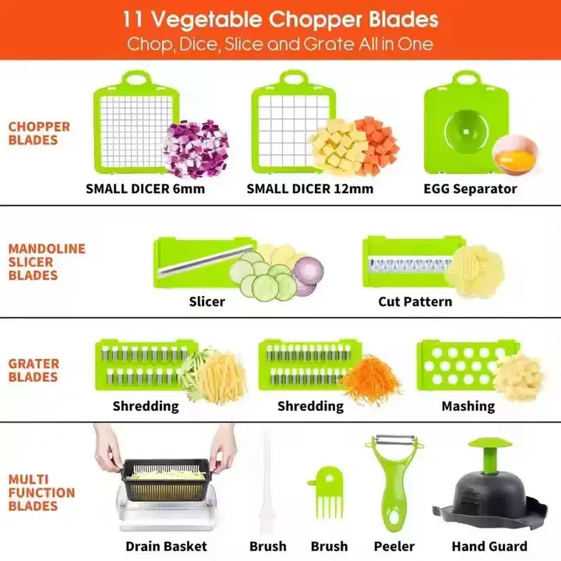 15-In-1 Multifunctional Vegetable Chopper with 8 Blades Portable Stainless Steel Cutter for Salad Garlic & More Kitchen Gadgets Cooking Kitchenware Cutting Green Utensils Watermelon Cutting Tool Chicken Shredder Slicer Kitchen Accessories