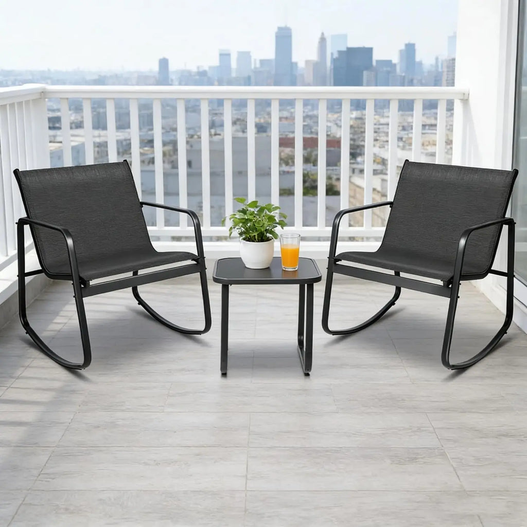 INTERGREAT 3-Piece Outdoor Rocking Bistro Set, Outdoor Furniture Set with Patio Rocking Chairs, and Glass-Top Table, Small Conversation Set of 3 for Porch, Lawn, Garden, Yard, Balcony, Poolside