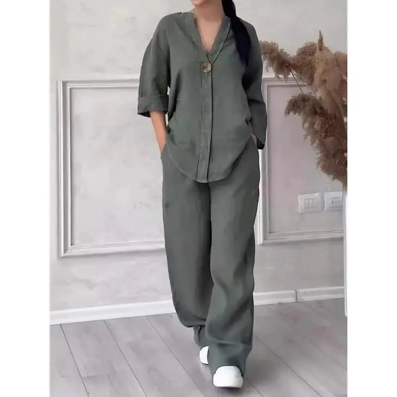 VVZ 2026 Spring/Summer New Arrival Women'S Casual Commuter Set Featuring a Breathable Long-Sleeve Shirt and Loose-Fit Pants—Comfortable and Stylish