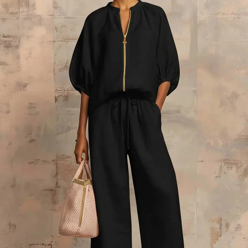 Women'S Matching Lounge Set Quarter Zip Pullover Top Loose Wide Leg Pants 2 Piece Sweatsuit Casual Outfit