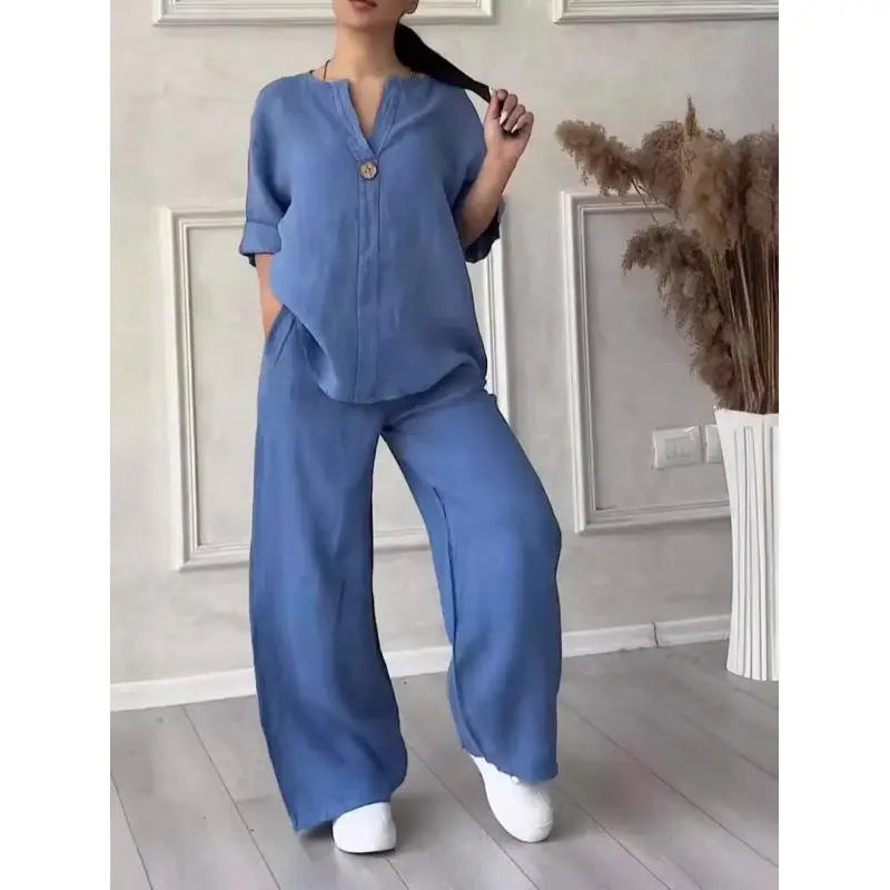 VVZ 2026 Spring/Summer New Arrival Women'S Casual Commuter Set Featuring a Breathable Long-Sleeve Shirt and Loose-Fit Pants—Comfortable and Stylish