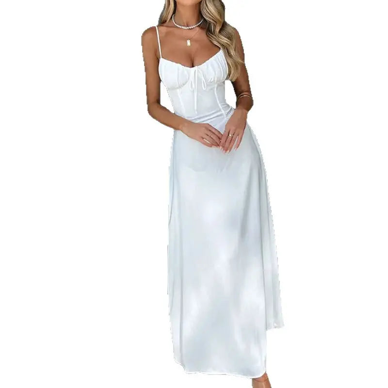 Sweetheart Neck White Maxi Dress | Boho Spaghetti Strap Flowy Long Dress | Feminine Bridal Party Evening Gown- Perfect for Bridal Shower, Beach Wedding & Date Night!