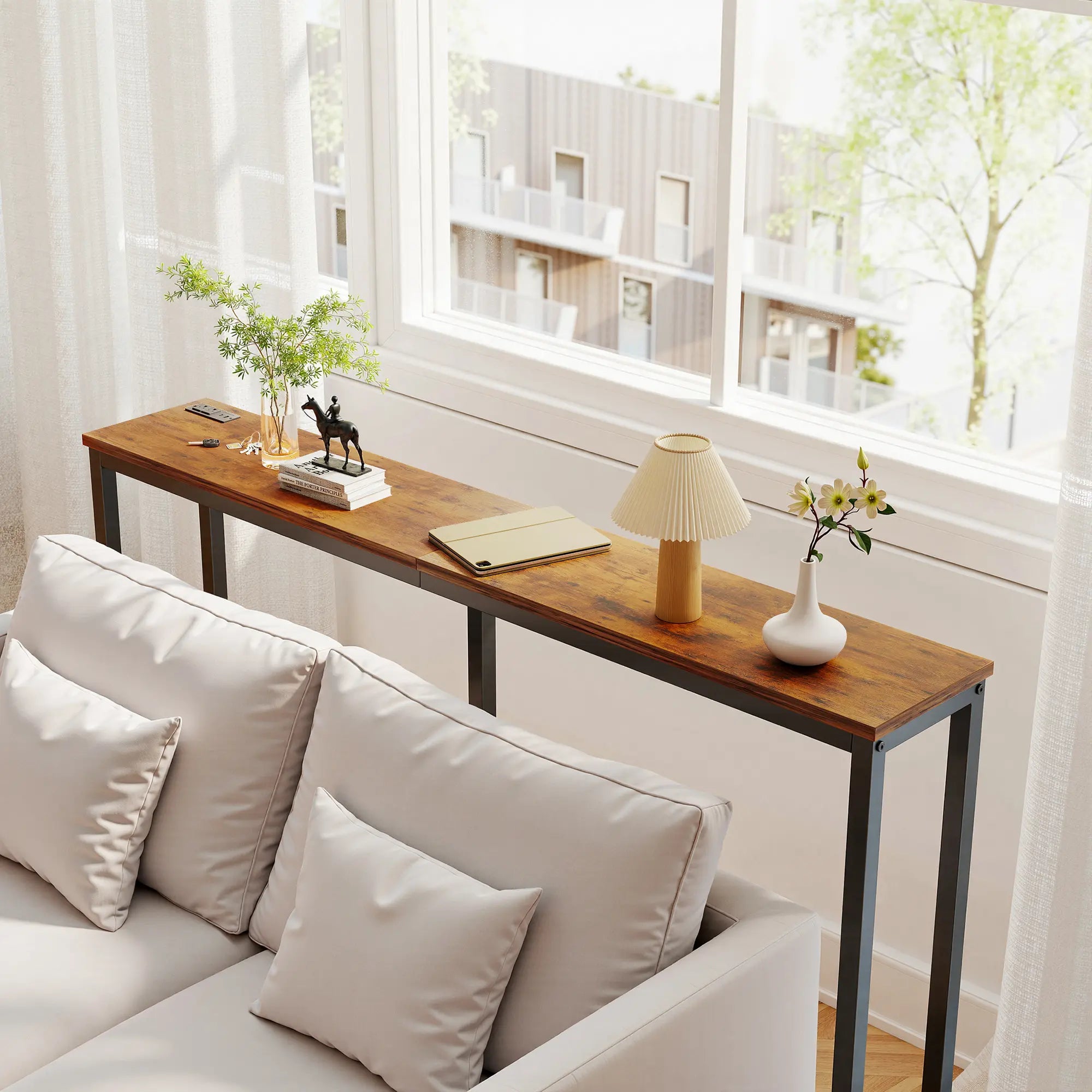 Console Table with Outlet, 63 Inch Sofa Table with Charging Station