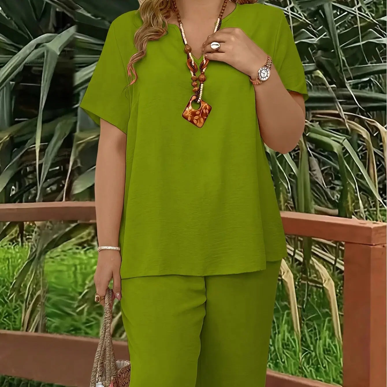 Women'S plus Size Elegant Wide Leg Pants Set - Solid Short Sleeve Casual Outfit - Mother'S Day Gift