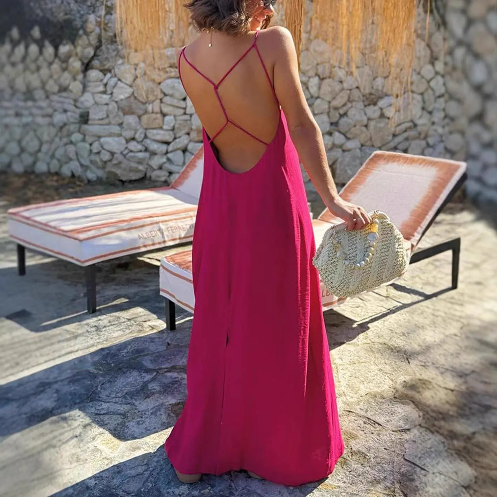 Sexy Crisscross Backless Beach Dress for Women, Long Flowy Summer Sundress, Tropical Holiday & Vacation Maxi Dress