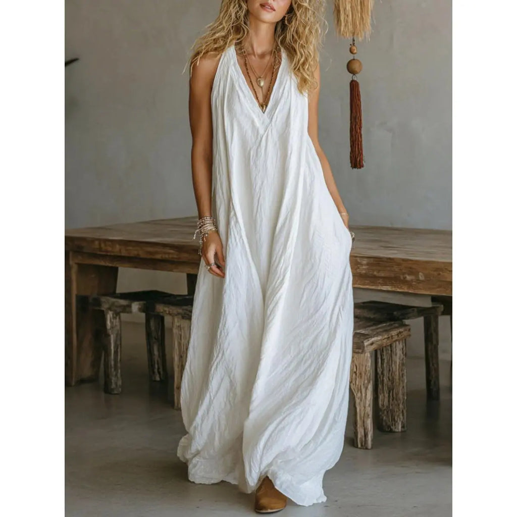 Casual Sleeveless Hollow Holiday Jumpsuit 2026 Fashion High Street Wide Leg Playsuits Simple Solid Color V-Neck Summer Rompers