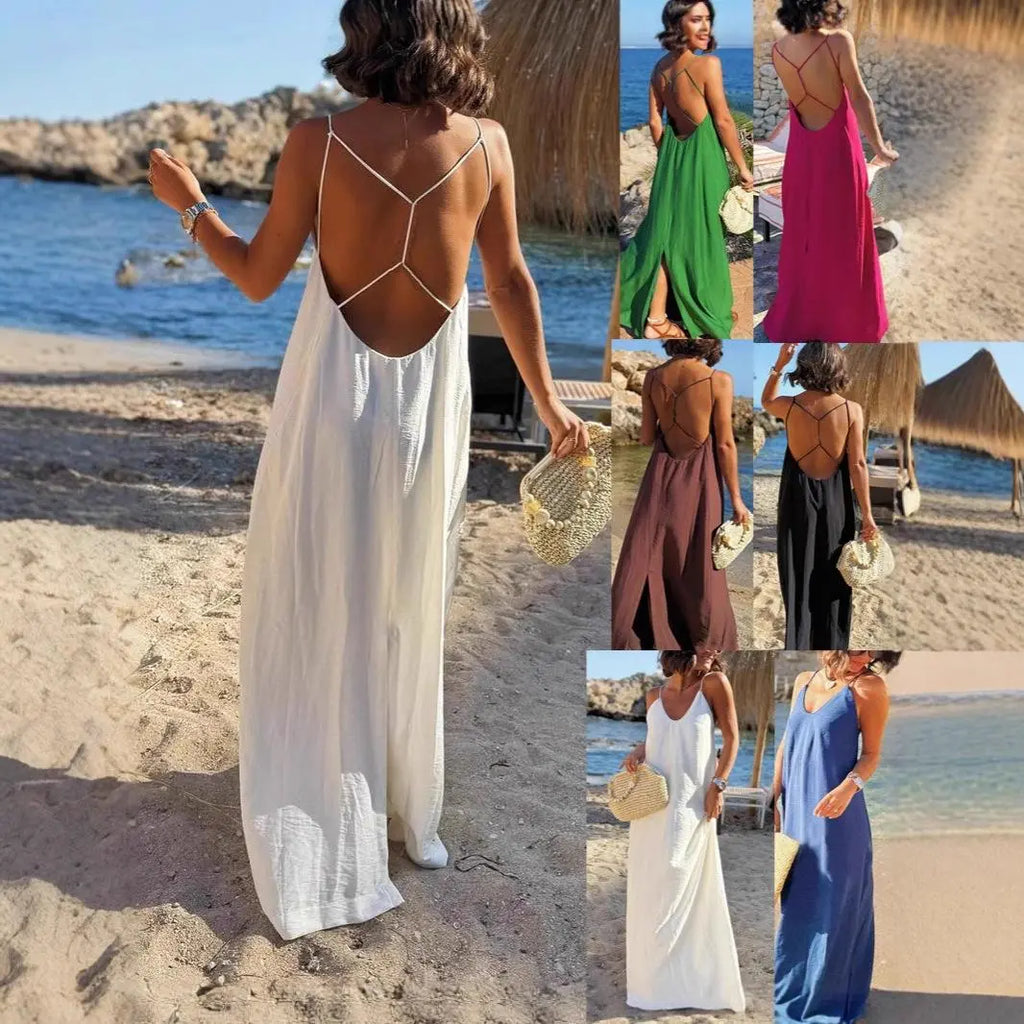 Sexy Crisscross Backless Beach Dress for Women, Long Flowy Summer Sundress, Tropical Holiday & Vacation Maxi Dress
