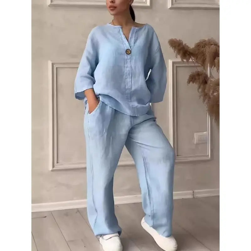 VVZ 2026 Spring/Summer New Arrival Women'S Casual Commuter Set Featuring a Breathable Long-Sleeve Shirt and Loose-Fit Pants—Comfortable and Stylish
