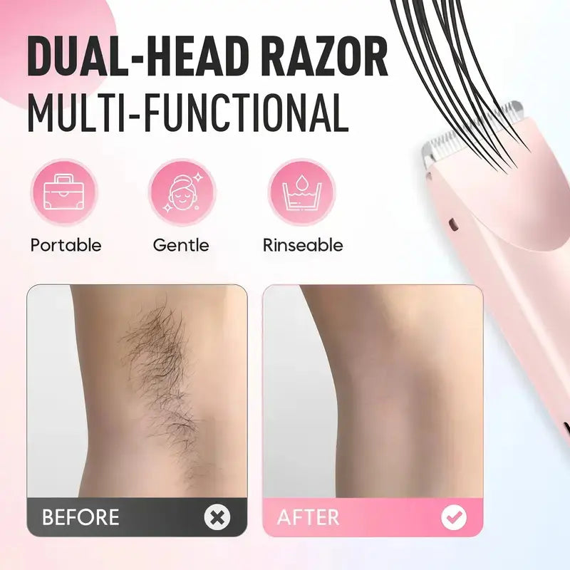 2-In-1 Electric Shaver & Trimmer for Women – Dual-Head Design with Ceramic Blades, 10000RPM Motor, IPX7 Waterproof, Portable for Face, Bikini, Legs, Underarms – Gift Set with Handbag Dual-Head Electric Hair Removal Tool