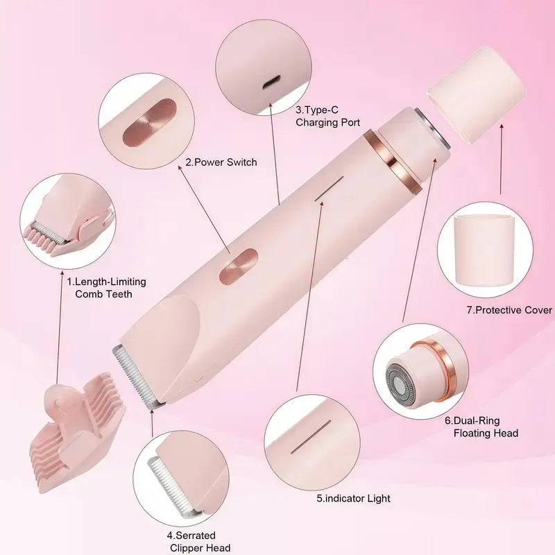 2-In-1 Electric Shaver & Trimmer for Women – Dual-Head Design with Ceramic Blades, 10000RPM Motor, IPX7 Waterproof, Portable for Face, Bikini, Legs, Underarms – Gift Set with Handbag Dual-Head Electric Hair Removal Tool
