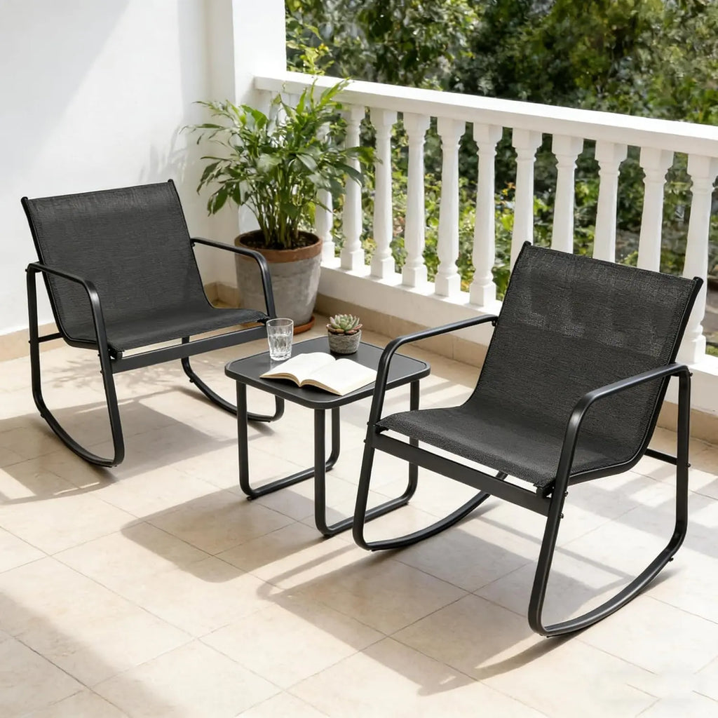 INTERGREAT 3-Piece Outdoor Rocking Bistro Set, Outdoor Furniture Set with Patio Rocking Chairs, and Glass-Top Table, Small Conversation Set of 3 for Porch, Lawn, Garden, Yard, Balcony, Poolside
