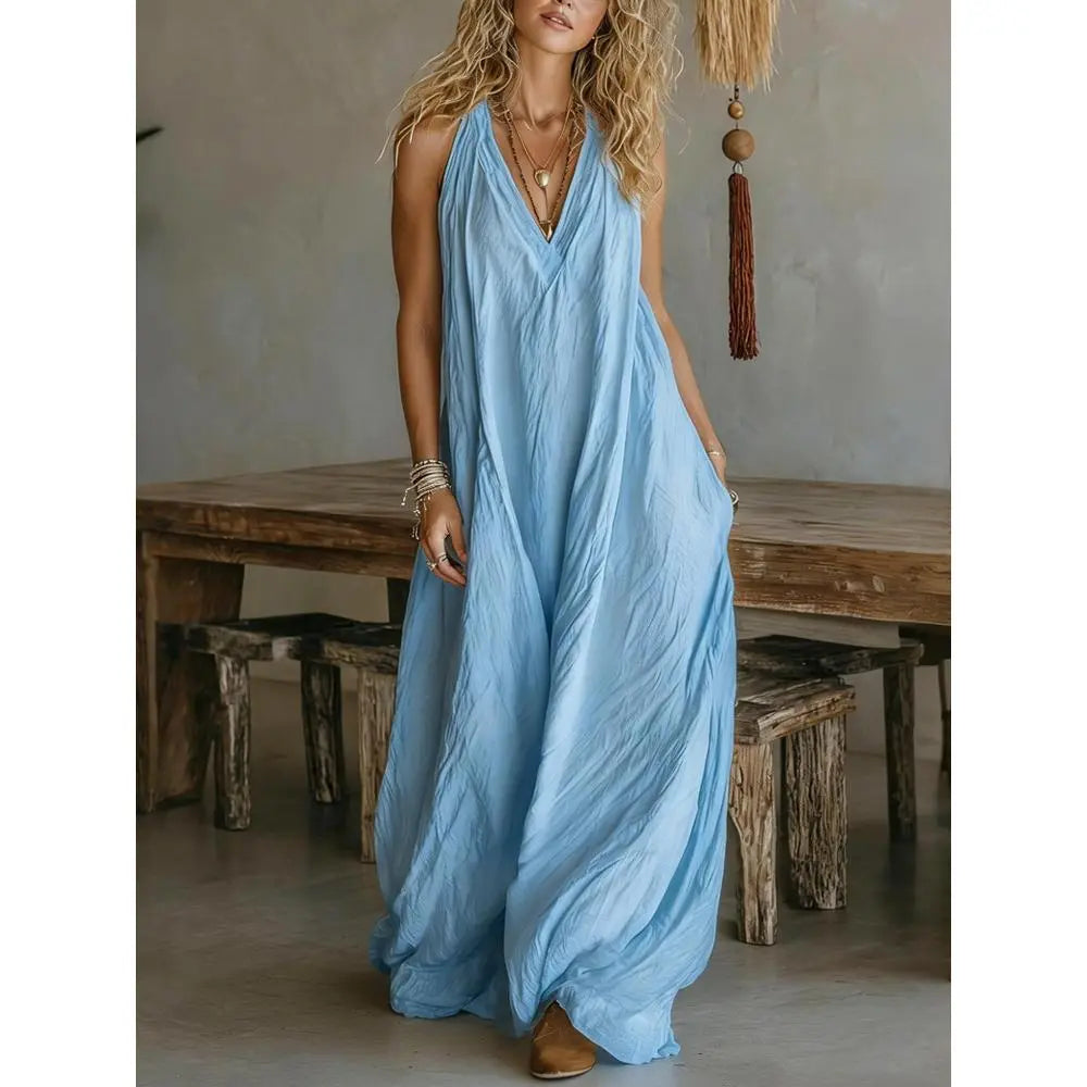 Casual Sleeveless Hollow Holiday Jumpsuit 2026 Fashion High Street Wide Leg Playsuits Simple Solid Color V-Neck Summer Rompers