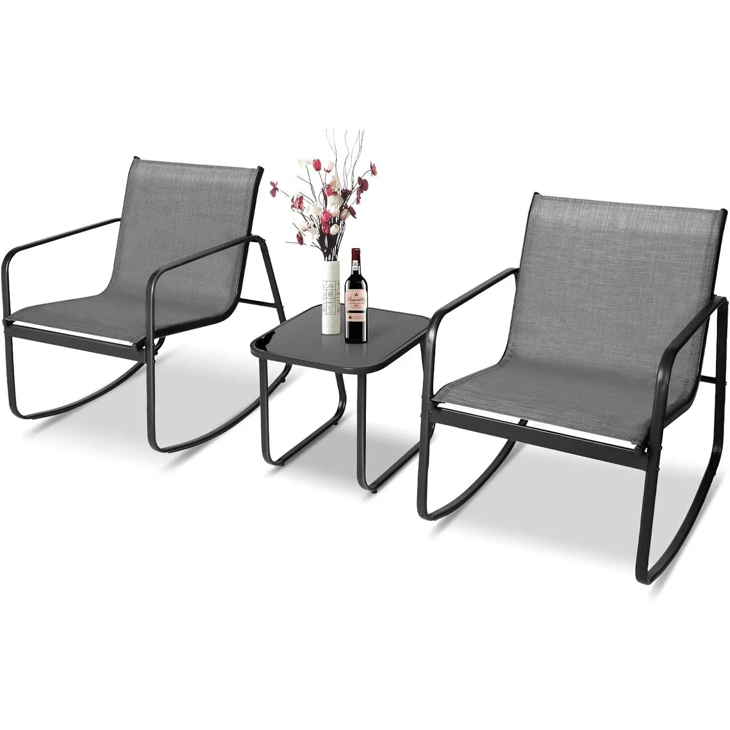 INTERGREAT 3-Piece Outdoor Rocking Bistro Set, Outdoor Furniture Set with Patio Rocking Chairs, and Glass-Top Table, Small Conversation Set of 3 for Porch, Lawn, Garden, Yard, Balcony, Poolside